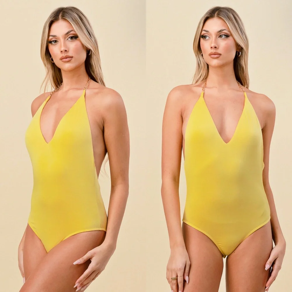 Elegant Yellow Plunge Bodysuit - Picture 3 of 8